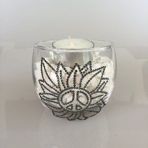 Candle holder, vase, small, short, decorative. Peace flower gray rhinestones